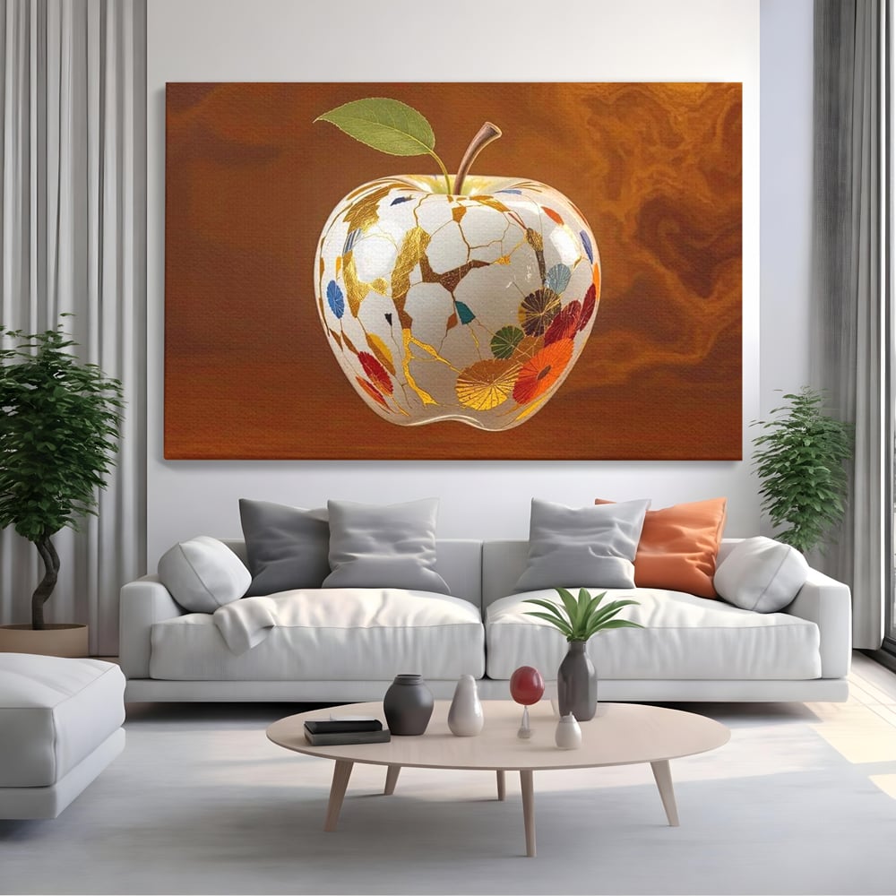 Tablou canvas cu tablou canvas cu mar alb si motive aurii, fara rama, pe sasiu de lemn, pe perete intr-un living